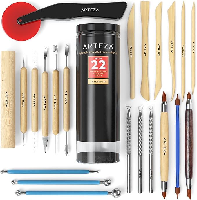 ARTEZA Pottery & Polymer Clay Tools, 22-Piece Sculpting Set, Steel Tip Tools with Wooden Handles, Craft Kit for Modeling, Carving