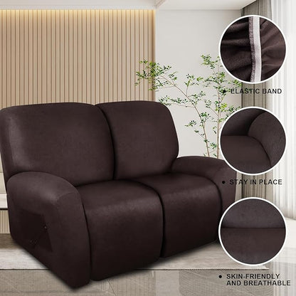Loveseat Recliner Slipcover Large Size Oversized - 6 Pieces Stretch Leather Like Recliner Sofa Cover for 2 Seat Dual Reclining Loveseat Couch Furniture Protector (Chocolate)