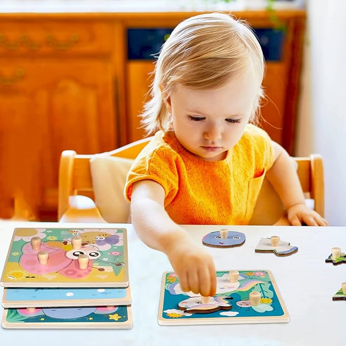 Wooden Toddler Puzzles, Funsland Peg Puzzles Gifts Toys, 4 Pcs Eco Friendly Animal Patterns Jigsaw with Handles, Infant Kid Fine Motor Skill Learning Educational Montessori Puzzles for 1 2 3 Years Old