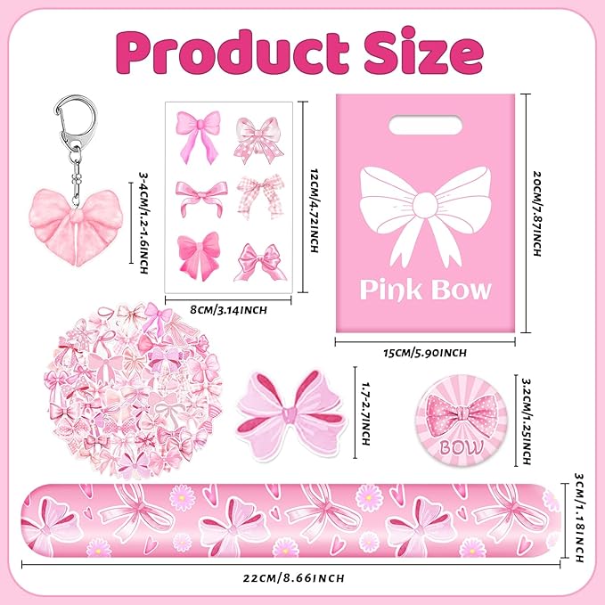 110 PCS Pink Coquette Bow Party Favors, Pink Coquette Bow Temporary Tattoos Slap Bracelets Stickers Keychains Badges Gift Bags for Bow Coquette Birthday Party Decorations Supplies for Kids Girls