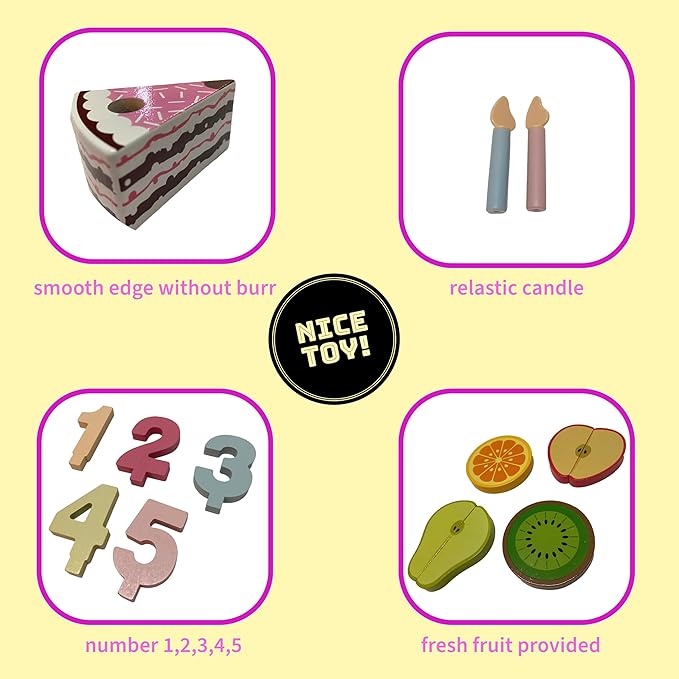Wooden Birthday Cake Toy Set for Kids, 33 PCS Pretend Play Food, 5" Cake with Candles Fresh Fruit Plate Number 1-5, Wooden Play Kitchen Accessories
