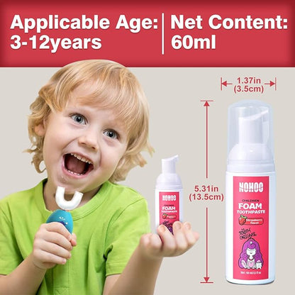 NOHOO Kids Foam Toothpaste with Fruit Flavor,Fluoride Free Natural Formul, Foam Toothpaste for Electric Toothbrush,Suitable for Toddler's Oral Cleaning and Cavity Prevention (2Strawberry+2Cantaloupe)