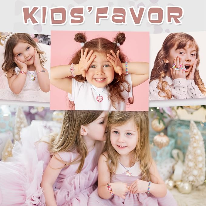 Lorfancy 18 PCS Kids Jewelry for Girls Bracelets Necklaces Rings Set Toddler Unicorn Butterfly Beaded Bracelet adjustable colorful Friendship Dress up Jewelry Gifts (A)