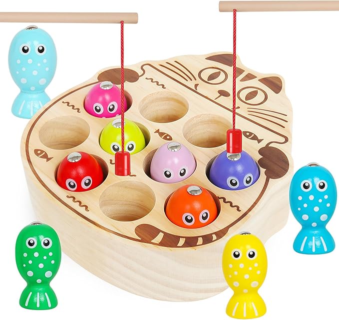 Wooden Magnetic Fishing Game for Toddlers 3+,Montessori Preschool Education Activities Learning Fine Motor Skills Color Sorting Magnet Fish Toys Easter Basket Stuffers Gift for Boys Girls