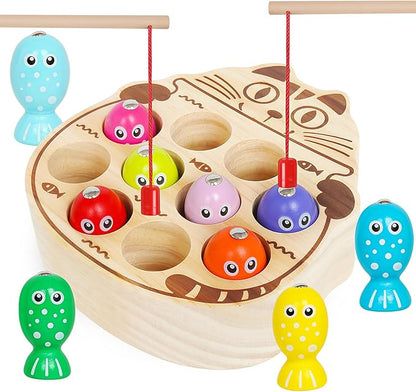 Wooden Magnetic Fishing Game for Toddlers 3+,Montessori Preschool Education Activities Learning Fine Motor Skills Color Sorting Magnet Fish Toys Easter Basket Stuffers Gift for Boys Girls