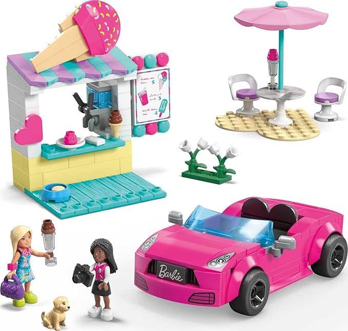 Mega Barbie Car Building Toys Playset, Convertible & Ice Cream Stand with 225 Pieces, 2 Micro-Dolls and Accessories, Pink,
