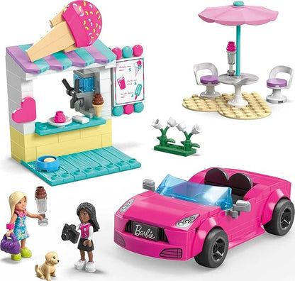 Mega Barbie Car Building Toys Playset, Convertible & Ice Cream Stand with 225 Pieces, 2 Micro-Dolls and Accessories, Pink,