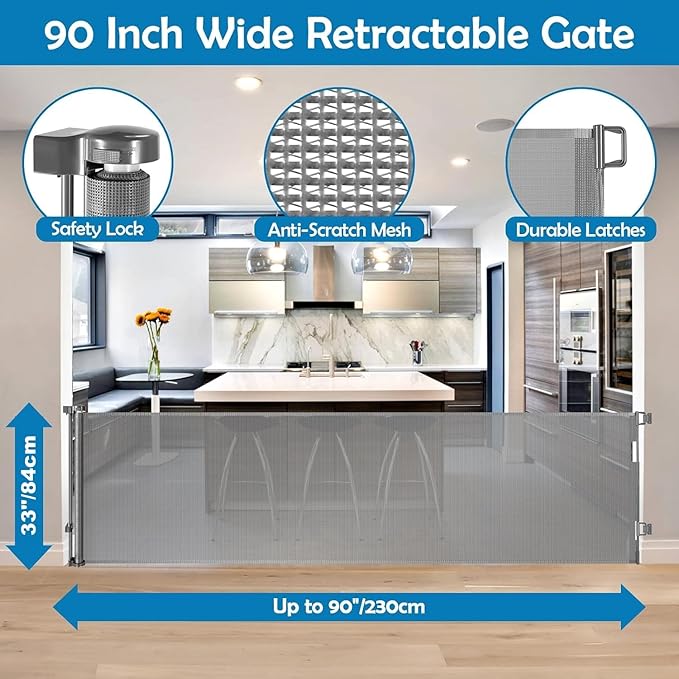 90 Inch Extra Long Baby Gate Retractable Dog Gate Outdoor Gates for Decks Indoor Child Gates for Wide Openings Extra Wide Retractable Baby Gate Retractable Gate Long Dog Gate for Doorway, Porch, Gray