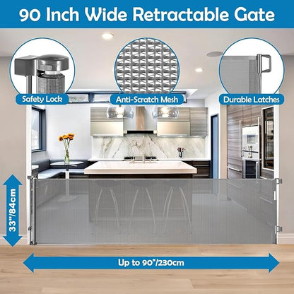90 Inch Extra Long Baby Gate Retractable Dog Gate Outdoor Gates for Decks Indoor Child Gates for Wide Openings Extra Wide Retractable Baby Gate Retractable Gate Long Dog Gate for Doorway, Porch, Gray