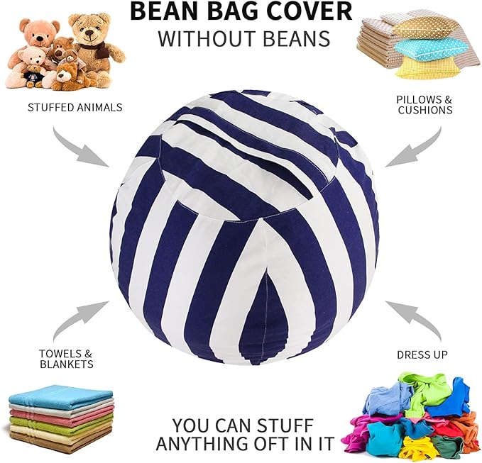 Miaowater 2 PCS Stuffed Animal Storage Bean Bag Chair Cover, Cotton Canvas Beanbag with Zipper for Organizing Kid's and Adults Room Vertical Stripe Blue 24"