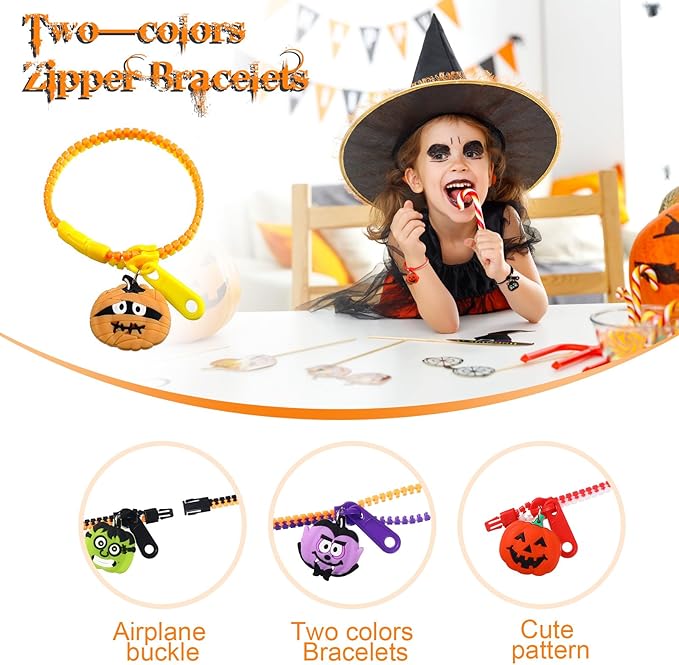 Capoda Halloween Party Favor Zipper Bracelets Bulk Trick or Treat Bracelets Halloween Bracelets Set Halloween Party Favor Wristbands for Girls Halloween Goodie Bag Fillers Party Favors(32 Pcs)