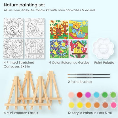 Arteza Kids Nature Painting Kit, 4 Canvases 3 x 3 Inches, 4 Easels, 12 Acrylic Paints, 2 Paint Brushes, 1 Palette, Kids Activities for Ages 6 and Up