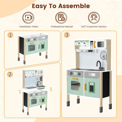 Play Kitchen Wooden Kids Kitchen Playset Pretending Toys for Toddlers with Real Lights & Sounds, 3 Heights Adjustable, Chalkboard, 35Pcs Toy Food & Cookware Accessories-Green