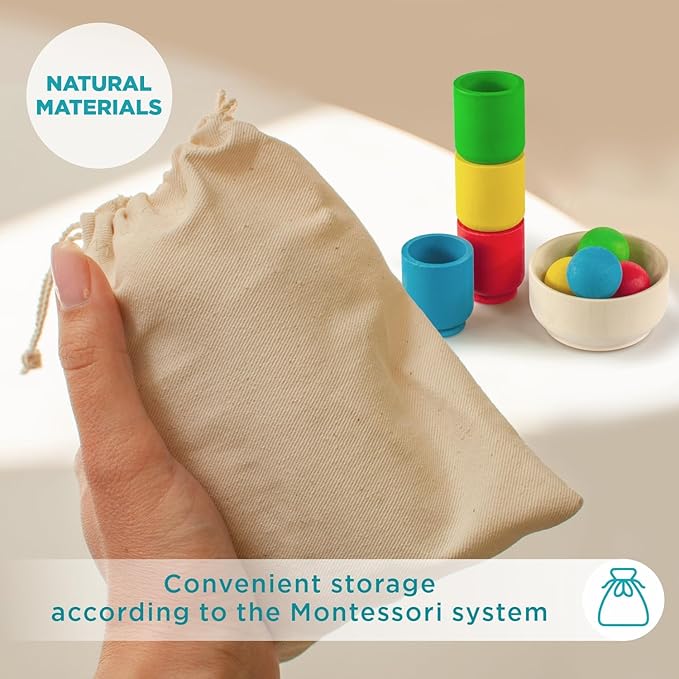 Ulanik Balls in Cups Starter Kit Toddler Montessori Toys for 1+ Year Old Kids Wooden Matching Game for Learning Color Sorting and Counting — 4 Balls, 1.18 in