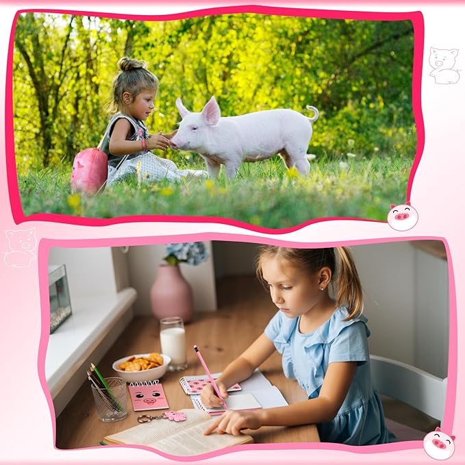 Nezyo 140 Pcs Pig Party Favors for Kids Include Pig Goodie Bags Bracelets Badges Keychains Spiral Notepads Pink Pencils and DIY Stickers for Girls Boys Birthday Baby Shower Pig Party Supplies