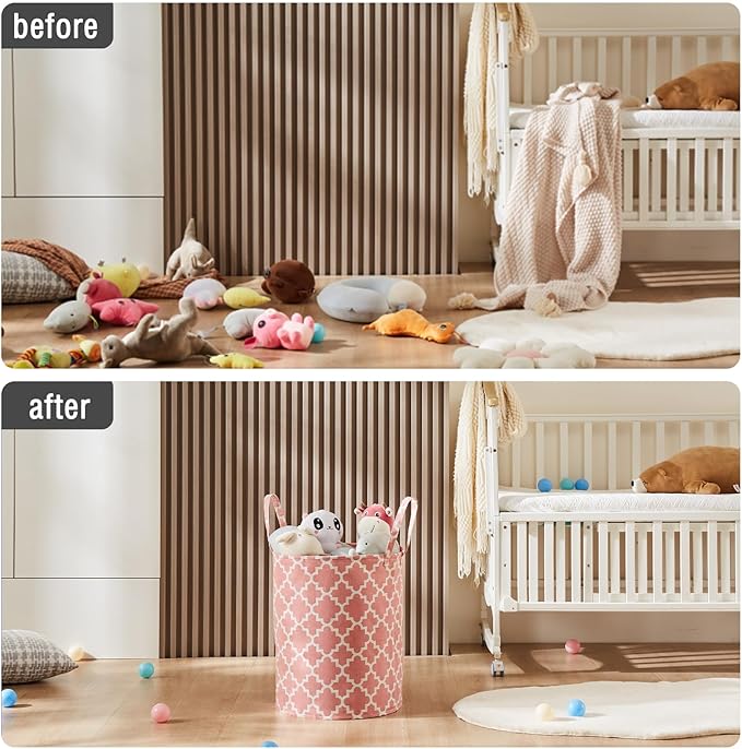 TECHMILLY 63L Large Laundry Basket with Long Handles, Collapsible Kids Laundry Hamper, Toy Storage Basket for Nursery, Bedroom Decor for Baby Girls and Boys (Pink Lattice)