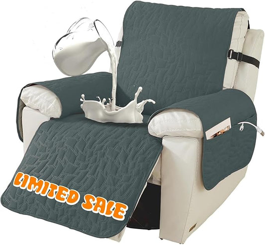 XINEAGE 100% Waterproof Recliner Chair Covers with Elastic Straps, Nonslip Reclining Couch Covers Washable Recliner Couch Cover with Pockets Furniture Protector for Pets Dogs (Dark Gray, 25")