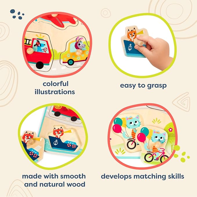 B. toys- Vehicles On The Go!- Wooden Peg Puzzle – Educational Puzzle – Vehicles Peg Puzzle for Toddlers, Kids – 7 Chunky Pieces – 18 Months +