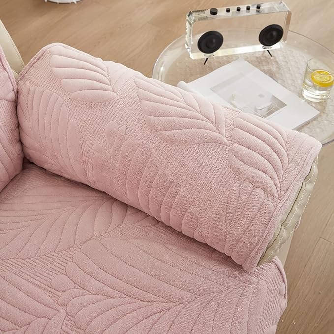 vctops Palm Leaves Velvet Plush Quilted Recliner Chair Cover Anti-Slip Super Soft Furniture Protector with Elastic Straps for Kids, Dogs, Pets, Pink