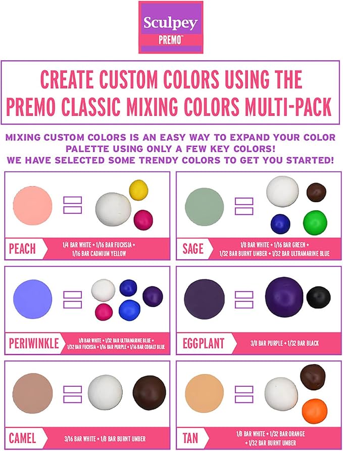 Sculpey Premo: Multipack - Classic Mixing Colors - 12 Shades, 1oz Bars, Sampler Pack, Non-Toxic, Sculpt-Model Projects, Adult Arts-Crafts Supplies