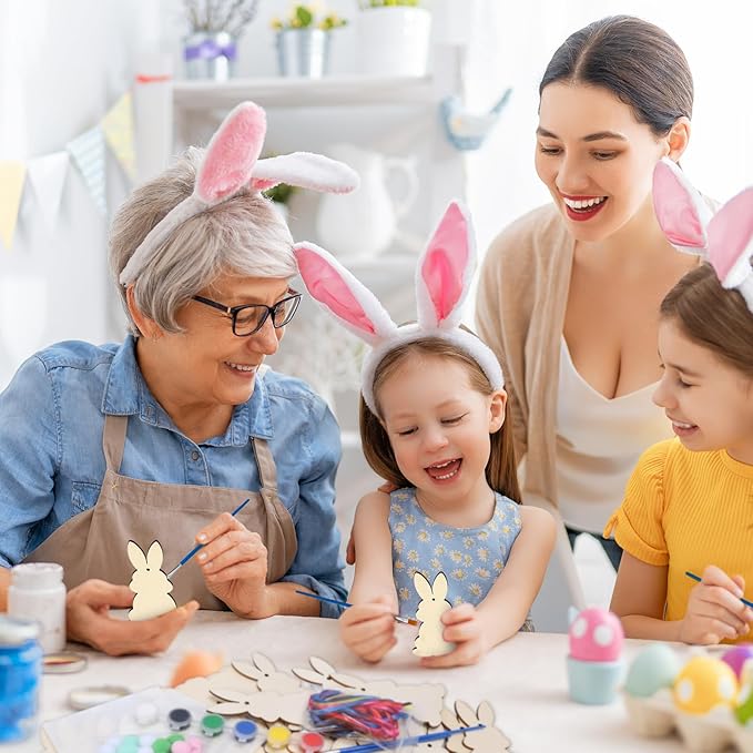 24 Pack Wooden Easter Bunny Craft for Kids Make You Own Easter Rabbit Hanging Ornaments DIY Easter Art and Craft for Girls Boys Art Project Easter Gifts Easter Decoration