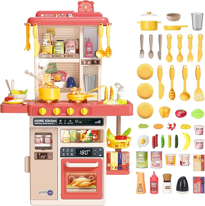 deAO Kids Kitchen Playset 50PCS Play Kitchen Toys Accessories with Sounds Lights, Cooking Stove Steam, Play Sink and Food, Pretend Kitchen Toy Gift for Toddler Aged 2 3 4 5 6 7 8 Years