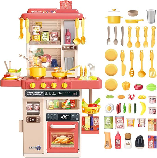 deAO Kids Kitchen Playset 50PCS Play Kitchen Toys Accessories with Sounds Lights, Cooking Stove Steam, Play Sink and Food, Pretend Kitchen Toy Gift for Toddler Aged 2 3 4 5 6 7 8 Years