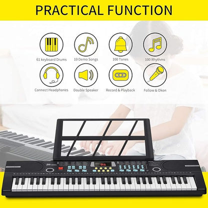 Kids Keyboard 61 Keys, Beginner Electronic Piano with One-Key Teaching 100 Tones & Rhythms, Portable Music Keyboard for Children with Microphone, Music Stand [Black, Piano Only]