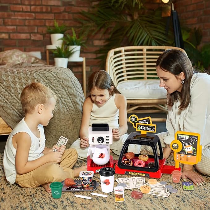 GAGAKU Toy Coffee Maker Machine and Cash Register Kit with Sound Light Kids Kitchen Pretend Play Sets Kitchen Appliances Toy for Boys Girls-Red