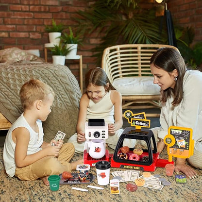 GAGAKU Toy Coffee Maker Machine and Cash Register Kit with Sound Light Kids Kitchen Pretend Play Sets Kitchen Appliances Toy for Boys Girls-Red