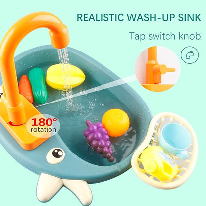 Ruibytree Play Kitchen Sink Toy, Water Toys for Kids with Electronic Dishwasher, Pretend Play Utensils Accessories and Play Cutting Food for Boys and Girls (Cute Cows)
