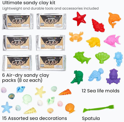 Arteza Kids Air-Dry Modeling Clay Kit, 6 x 8-oz Packs, 12 Sandy Clay Molds and 15 Assorted Sea-Life Beach Decorations, Soft, Pliable, Supplies for Kids’ Crafts and Sensory Play