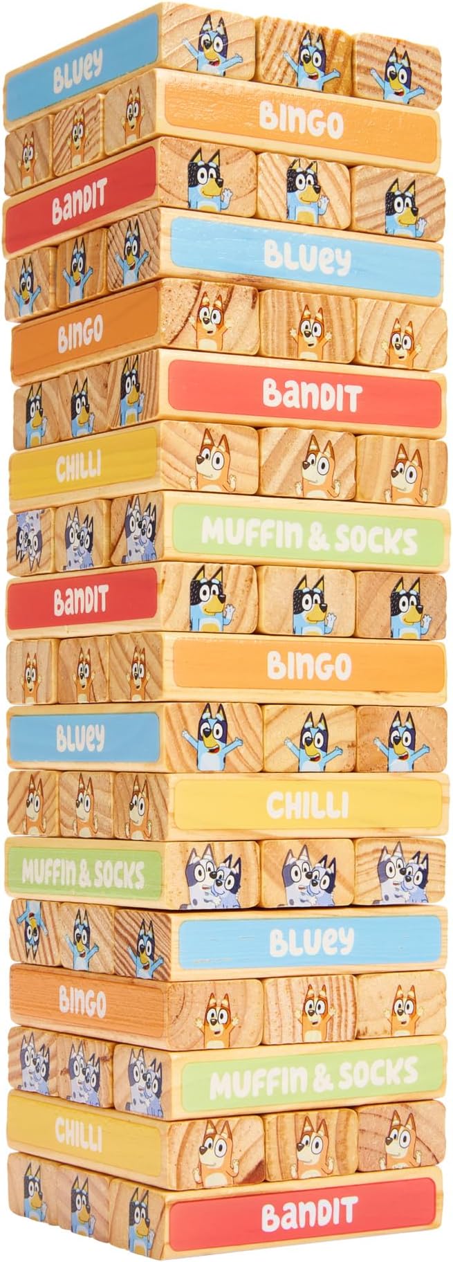 Bluey Tumbling Tower – 54 Colorful Wooden Blocks – Fun Family Game – FSC Certified for Children 3 Years and Up