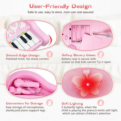 Love&Mini Pink Piano Toys for 1+Years Old Girls First Birthday Gifts Toddler Piano Music Toy Instruments with 24 Keys and Microphone