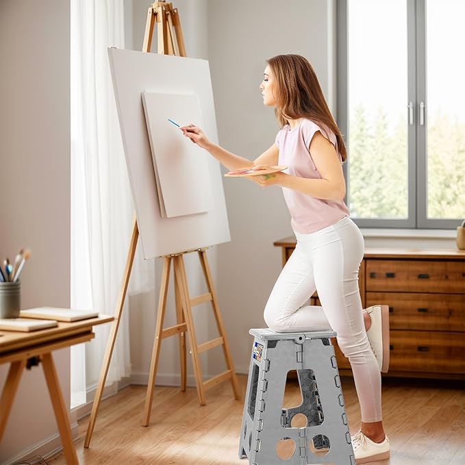 ACKO Folding Step Stool Foldable 17.5 Inch Stool 400 lbs Capacity,Plastic Stools for Adults and Kids,Collapsible Stool for Kitchen, Stepping Stool with Handle(Grey)