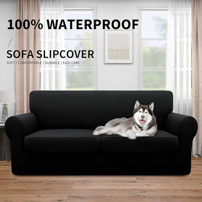 Easy-Going 100% Dual Waterproof Oversized Loveseat Cover Stretch Soft Couch Cover for Dogs, Sofa Slipcover for 2 Separate Cushion Couch Leakproof Furniture Protector for Kids, Pets Black