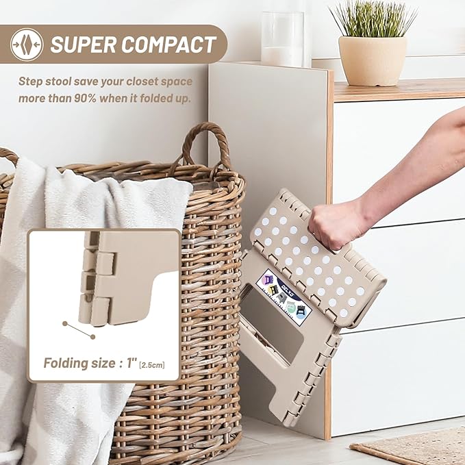 Delxo Folding Step Stool,9 Inch Lightweight Plastic Step Stool,Portable Collapsible Foldable Step Stool Non Slip Folding Stools for Kitchen Bathroom Bedroom in Khaki,1 Pack