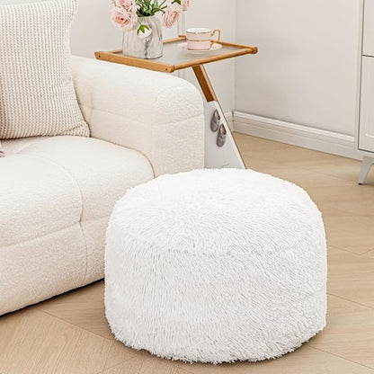 Round Pouf Ottoman Stuffed Pouf Ottoman Foot Rest Floor Foot Stool Floor Pouf for Living Room Bedroom Foot Rest for Couch 20 Inx12 Inch One Piece High Resiliency Foam Ottoman White Pouf with Filler