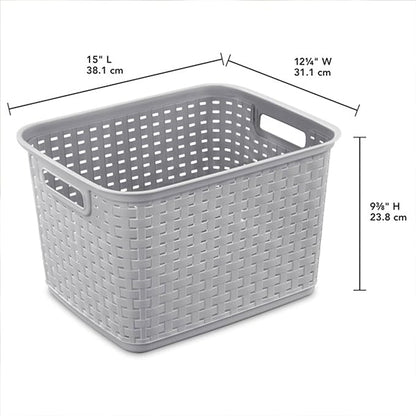 Sterilite 12-Pack Tall Weave Basket, Wicker-Style Plastic Open Storage Bin, Cement Gray - Multi-Purpose Decorative Organizer for Laundry Area, Shelves, Closets, Pantries, Living Rooms or Offices