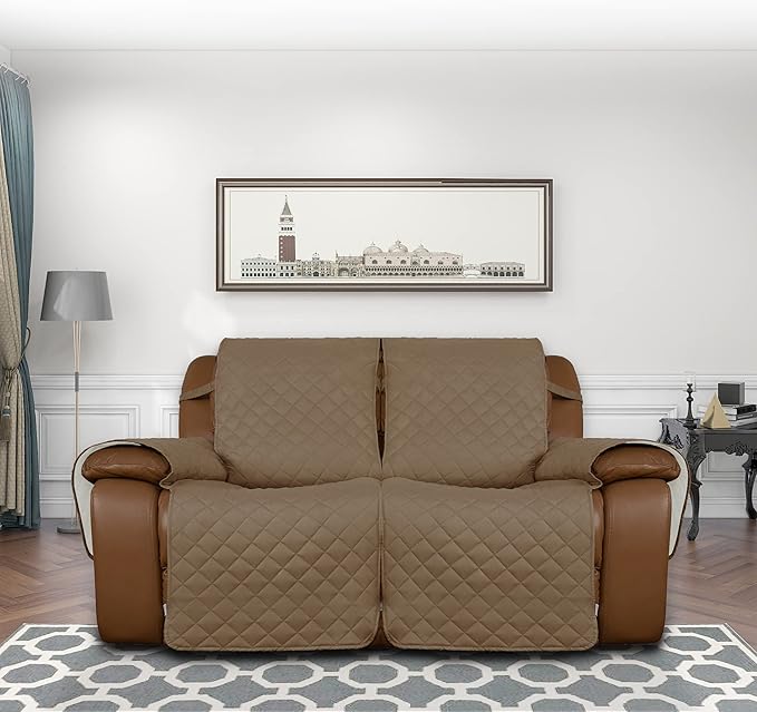 Easy-Going Loveseat Recliner Cover, Reversible Couch Cover for Double Recliner, Split Sofa Cover for Each Seat, Furniture Protector with Elastic Straps for Kids, Dogs, Pets(2 Seater, Camel/Ivory)