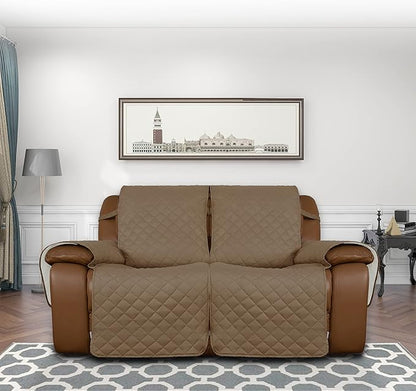 Easy-Going Loveseat Recliner Cover, Reversible Couch Cover for Double Recliner, Split Sofa Cover for Each Seat, Furniture Protector with Elastic Straps for Kids, Dogs, Pets(2 Seater, Camel/Ivory)