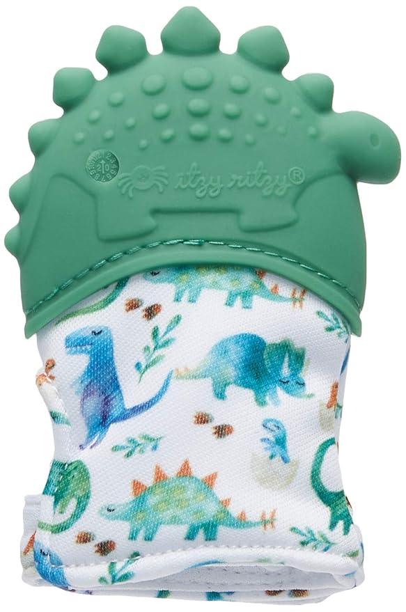 Itzy Ritzy Silicone Teething Mitt - Soothing Infant Teething Mitten w/Adjustable Strap, Crinkle Sound, Textured Silicone, Soothes Sore & Swollen Gums, Baby Teething Toy for 3 Mos & Up, Green Dinosaur