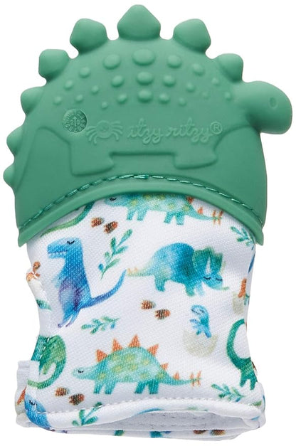 Itzy Ritzy Silicone Teething Mitt - Soothing Infant Teething Mitten w/Adjustable Strap, Crinkle Sound, Textured Silicone, Soothes Sore & Swollen Gums, Baby Teething Toy for 3 Mos & Up, Green Dinosaur