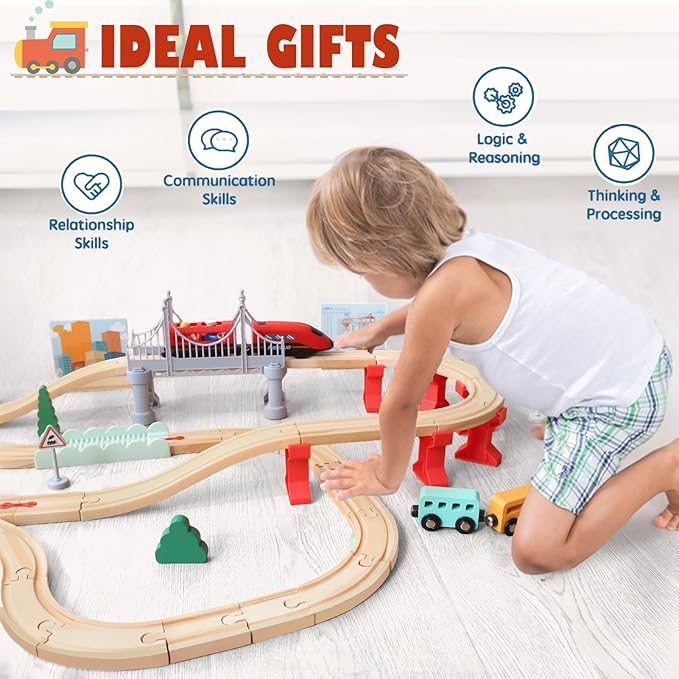 Wdmiya Wooden Train Set for Toddlers, 72 Pcs Wooden Train Track for Kids, Train Toy with Bridge and Tracks (Fits Thomas & Brio), Christmas Birthday Trains Gift for 2 3 4 5 6 7 8 Years Old