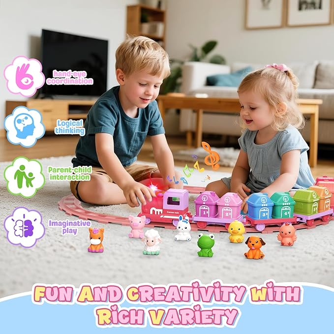 Train Set for Girls 2-4, Electric Toy Train with Farm Animals & Music & Lights, Montessori Counting & Sorting Learning Toys for Toddler Girls 1 2 3 Year Old, Christmas Easter Birthday Gift