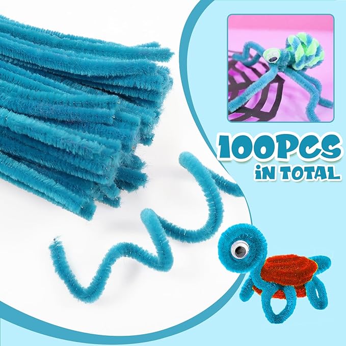 TOAOB 100pcs Pipe Cleaners Blue Pipe Cleaners Chenille Stems 6mm x 12 Inch Fuzzy Sticks Crafts Supplies for DIY Art Crafts Decorations