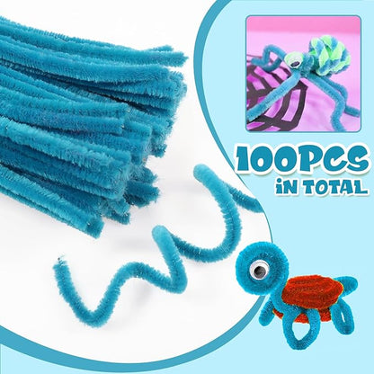 TOAOB 100pcs Pipe Cleaners Blue Pipe Cleaners Chenille Stems 6mm x 12 Inch Fuzzy Sticks Crafts Supplies for DIY Art Crafts Decorations