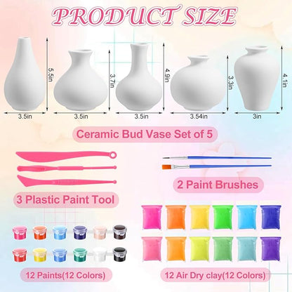 5 Set Paint Your Own Vases Pastel Painting Kit for Art DIY Craft Project Unpainted White Ceramic Vases 12 Paints 12 Color Clay for Spring Home Decor Birthday Party Gift
