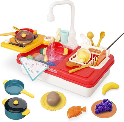 Kids Play Sink with Running Water, Toddler Sink Toy with Running Water with Electric Faucet, Kids Play Kitchen Sink Playset, Kids Play House Pretend Role Play Dishwasher Toy for Boys Girls, Red