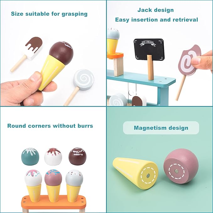Ice Cream Shop Pretend Toy, Wooden Ice Cream Cones and Popsicle Counter Play Set for Kids Play Kitchen, Ice Cream Cart Toys for Toddlers, Fun Creative Ice Cream Pretend Play